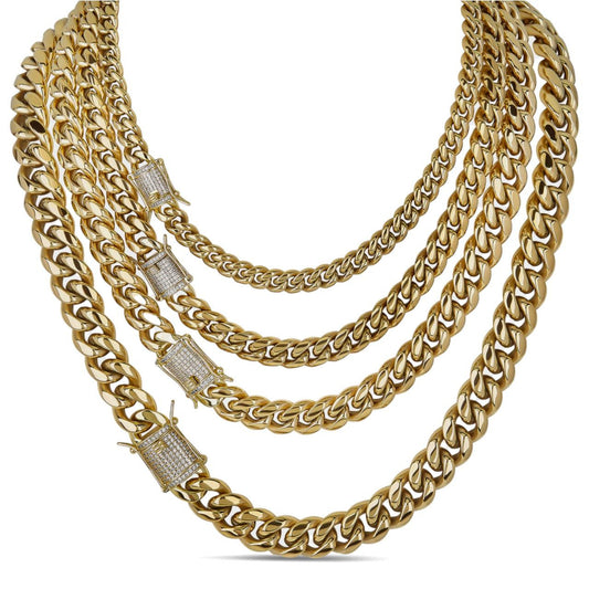 HarlemBling Miami Cuban Link Chain Necklace W. CZ Clasp - 18k Gold Plated Stainless Steel - 16"-30" - 8mm-14mm