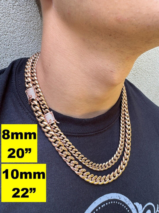 HarlemBling Miami Cuban Link Chain Necklace W. CZ Clasp - Rose Gold Plated Stainless Steel - 16"-30" - 8mm-14mm