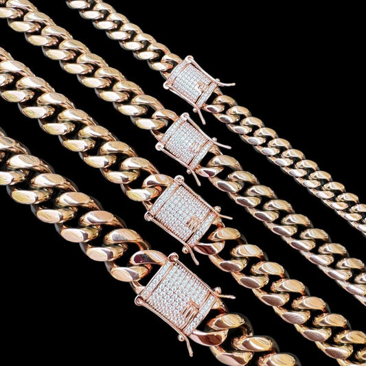 HarlemBling Miami Cuban Link Chain Necklace W. CZ Clasp - Rose Gold Plated Stainless Steel - 16"-30" - 8mm-14mm