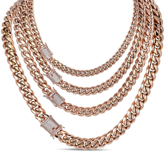HarlemBling Miami Cuban Link Chain Necklace W. CZ Clasp - Rose Gold Plated Stainless Steel - 16"-30" - 8mm-14mm