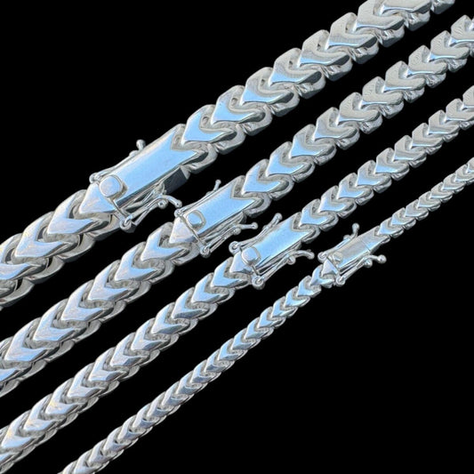 HarlemBling Modern Franco Link Chain Necklace W. Box Lock - 925 Sterling Silver - 18"-30" - 4mm-10mm
