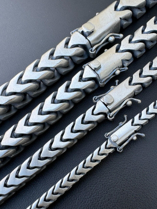 HarlemBling Modern Franco Link Chain Necklace W. Box Lock - Oxidized 925 Sterling Silver - 18"-30" - 4mm-10mm