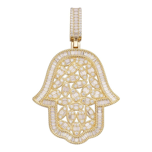 HarlemBling MOISSANITE 100 Evil Eyes Hamsa Hand Iced Out Pendant - 14k Gold Vermeil 925 Silver - 3 Sizes 1.25"-3"