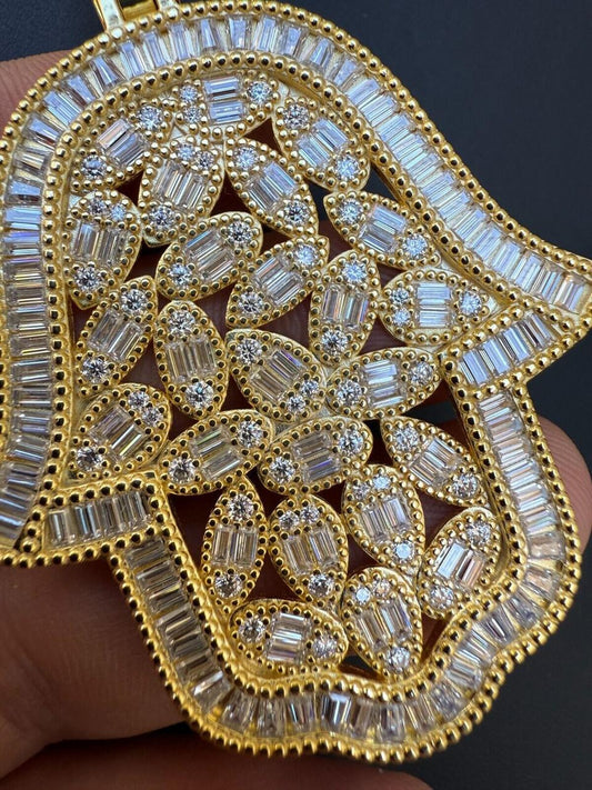 HarlemBling MOISSANITE 100 Evil Eyes Hamsa Hand Iced Out Pendant - 14k Gold Vermeil 925 Silver - 3 Sizes 1.25"-3"