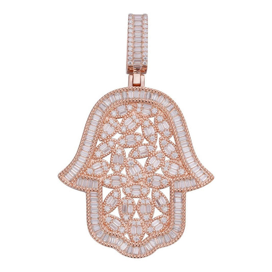 HarlemBling MOISSANITE 100 Evil Eyes Hamsa Hand Iced Out Pendant - 14k Rose Gold Vermeil 925 Silver - 3 Sizes 1.25"-3"
