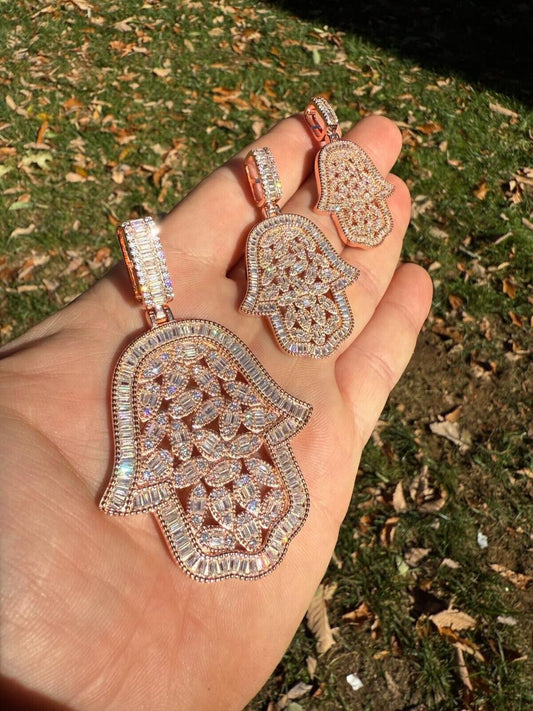 HarlemBling MOISSANITE 100 Evil Eyes Hamsa Hand Iced Out Pendant - 14k Rose Gold Vermeil 925 Silver - 3 Sizes 1.25"-3"