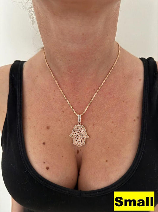 HarlemBling MOISSANITE 100 Evil Eyes Hamsa Hand Iced Out Pendant - 14k Rose Gold Vermeil 925 Silver - 3 Sizes 1.25"-3"