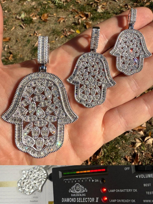 HarlemBling MOISSANITE 100 Evil Eyes Hamsa Hand Iced Out Pendant - 925 Silver - 3 Sizes 1.25"-3"