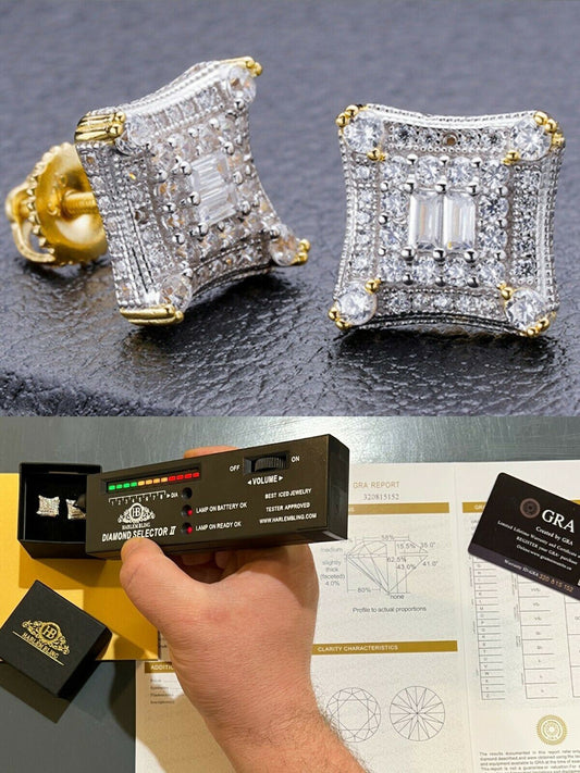 HarlemBling MOISSANITE 14k Gold Vermeil Real HipHop Mens Earrings Large Square Kite Baguette
