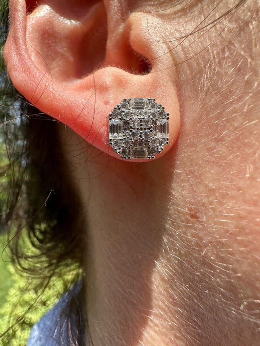 HarlemBling Moissanite 3D Iced 925 Silver Screwback Earrings 10mm Baguette Iced Mens Studs