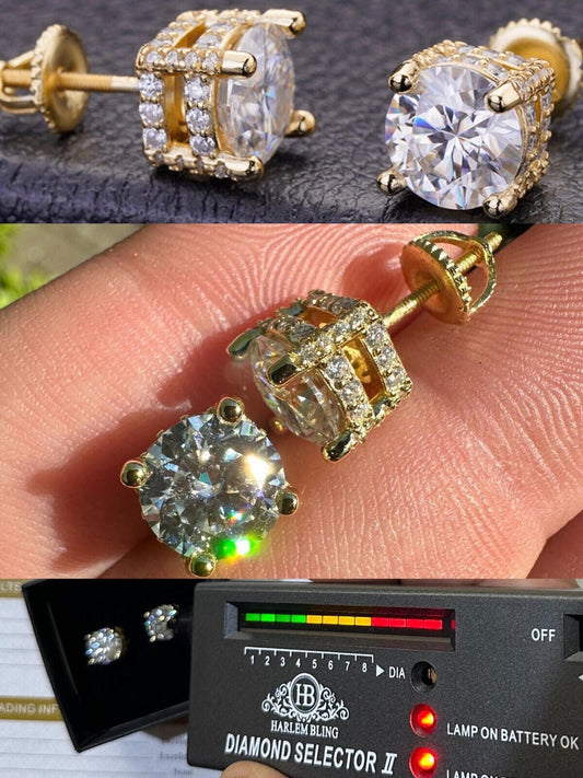 HarlemBling Moissanite 3D Iced Prong Solitaire Stud Earrings 14k Gold Plated 925 Silver 8mm