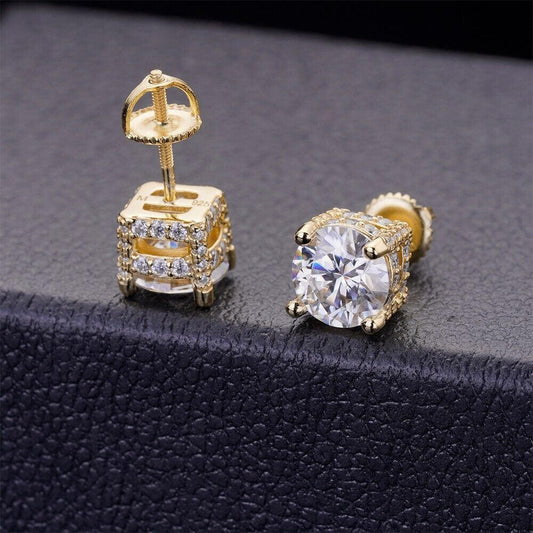 HarlemBling Moissanite 3D Iced Prong Solitaire Stud Earrings 14k Gold Plated 925 Silver 8mm