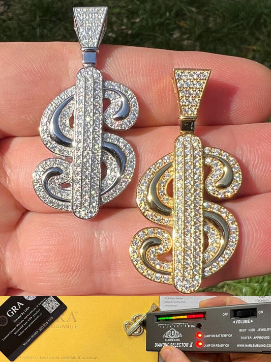 HarlemBling MOISSANITE 925 Silver Bling Iced Dollar dollar Sign Money Hip Hop Pendant Necklace
