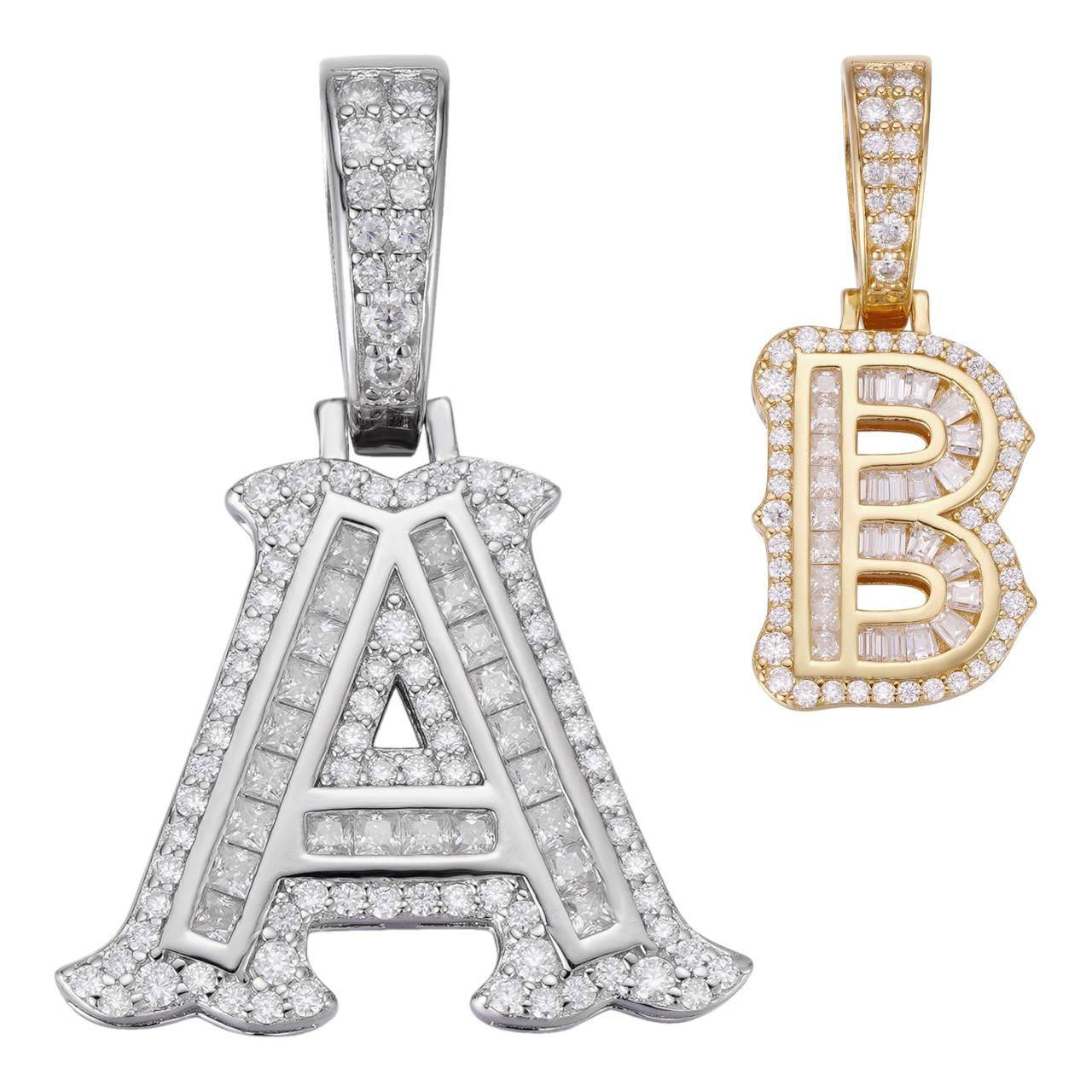 HarlemBling MOISSANITE A - Z Initials Gothic Letter Iced Out Pendant - 14k Yellow Gold Vermeil Or 925 Silver - Small 1.25"
