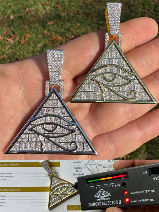 HarlemBling MOISSANITE All Seeing Illuminati Eye Masonic Pyramid Medallion Necklace Silver