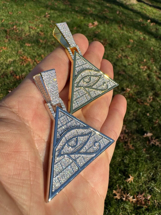 HarlemBling MOISSANITE All Seeing Illuminati Eye Masonic Pyramid Medallion Necklace Silver
