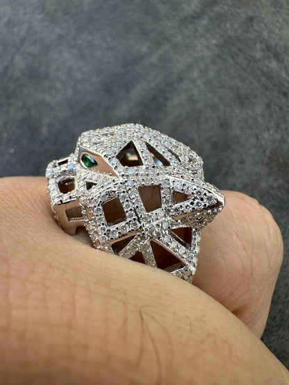 HarlemBling MOISSANITE & Emerald Geometric Panther Iced Hip Hop Ring Real Solid 925 Silver