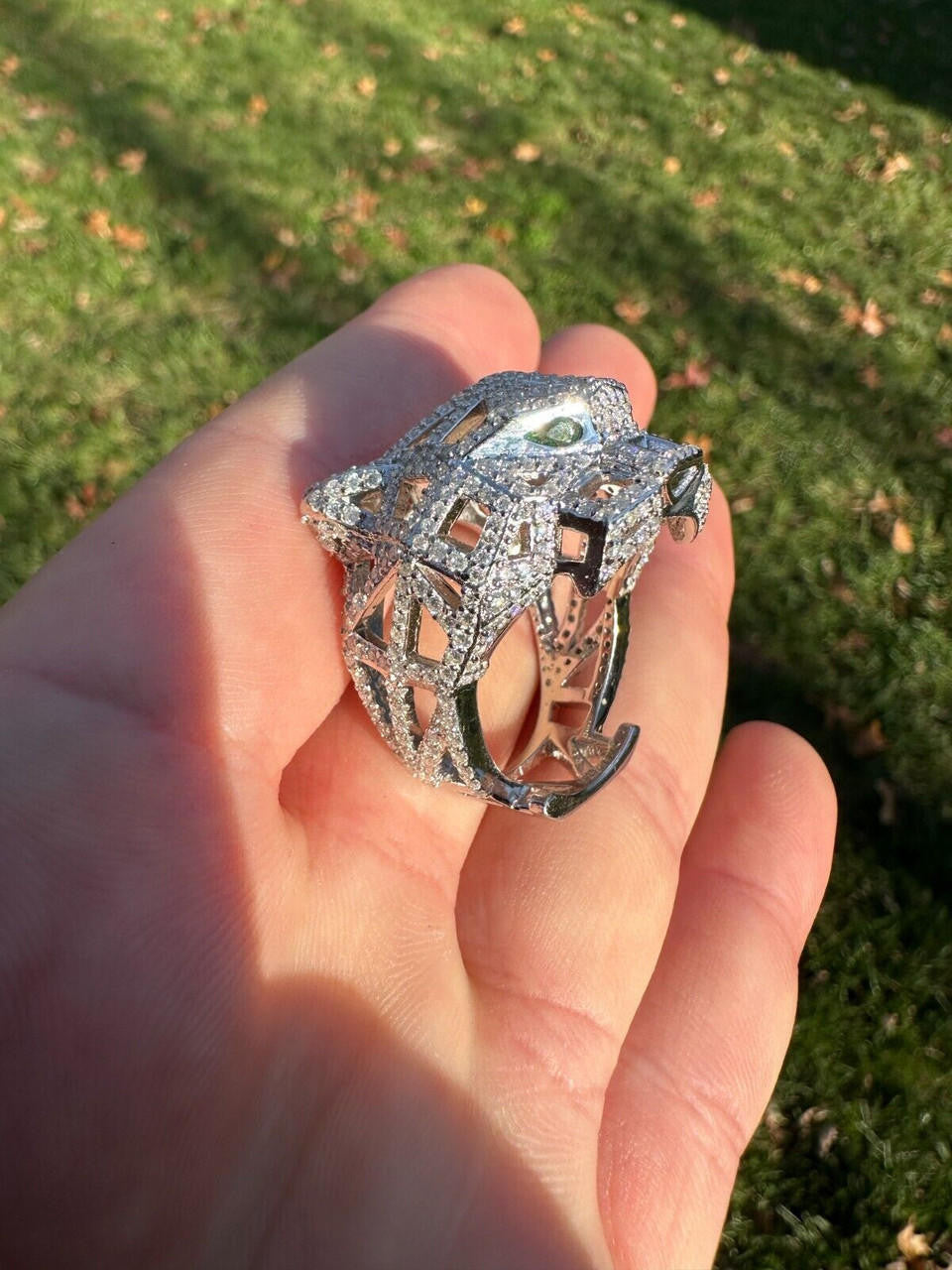 HarlemBling MOISSANITE & Emerald Geometric Panther Iced Hip Hop Ring Real Solid 925 Silver