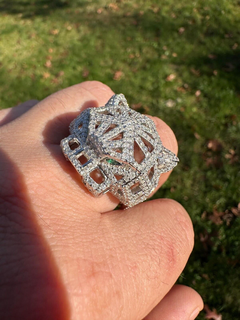 HarlemBling MOISSANITE & Emerald Geometric Panther Iced Hip Hop Ring Real Solid 925 Silver