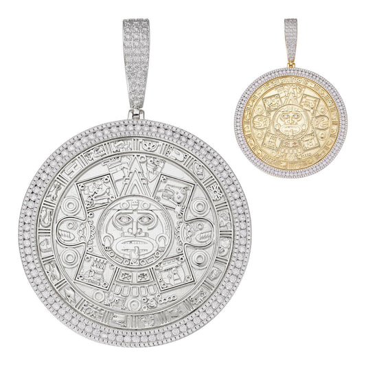 HarlemBling MOISSANITE Aztec Mayan Calendar Sun God Pendant - 14k Gold Vermeil Or 925 Silver - Large 2.5"