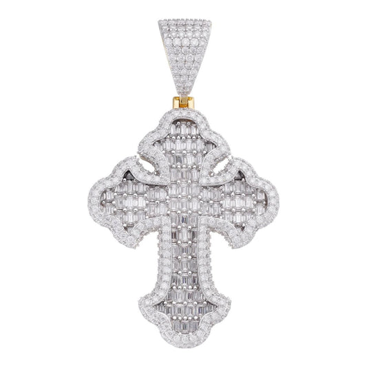 HarlemBling MOISSANITE Baguette Gothic Tupac Cross Pendant - 14k Yellow Gold Vermeil Or 925 Silver - 3 Sizes 1.5"-2.75"