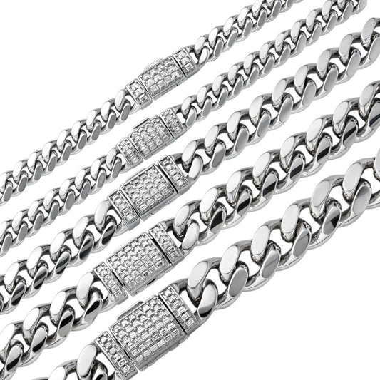 HarlemBling MOISSANITE Baguette Iced Clasp Miami Cuban Link Chain Necklace - 925 Silver - 16"-30" - 5mm-12mm