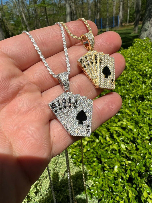 HarlemBling Moissanite Cards Poker Deck Royal Flush Ace Pendant Necklace Pass Diamond Tester