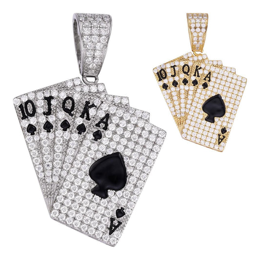 HarlemBling MOISSANITE Cards Poker Deck Royal Flush Pendant - 14k Gold Vermeil Or 925 Silver - Small 1.5"