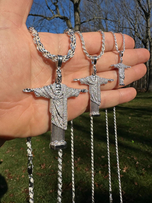 HarlemBling MOISSANITE Christ The Redeemer 925 Silver Necklace Jesus Iced Hip Hop Necklace