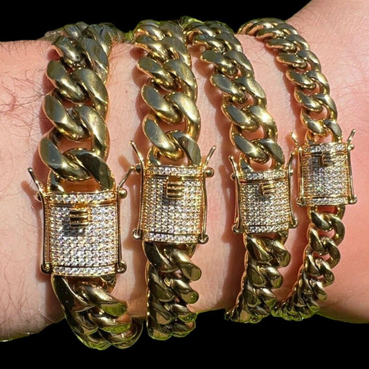HarlemBling MOISSANITE CLASP Miami Cuban Link Bracelet - 14k Gold Plated Stainless Steel - 7"-8.5" - 8mm-14mm