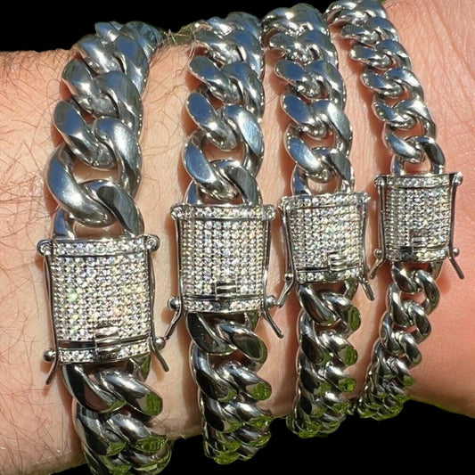 HarlemBling MOISSANITE CLASP Miami Cuban Link Bracelet - Stainless Steel W. 925 Silver Clasp - 7"-8.5" - 8mm-14mm