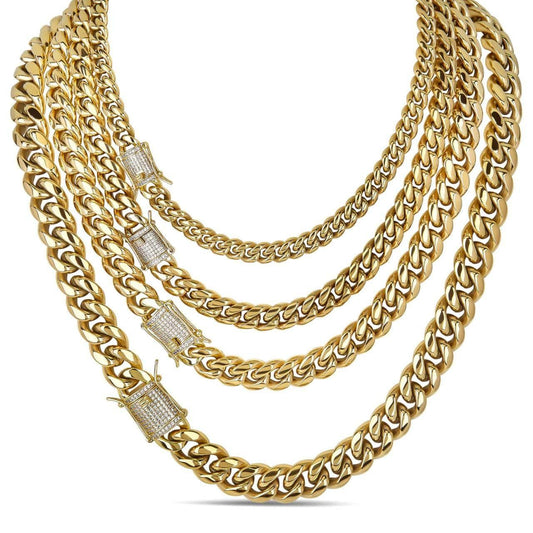 HarlemBling MOISSANITE CLASP Miami Cuban Link Chain Necklace - 14k Yellow Gold Plated Stainless Steel - 16"-30" - 8mm-14mm