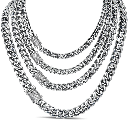 HarlemBling MOISSANITE CLASP Miami Cuban Link Chain Necklace - Stainless Steel W. 925 Silver Clasp - 16"-30" - 8mm-14mm