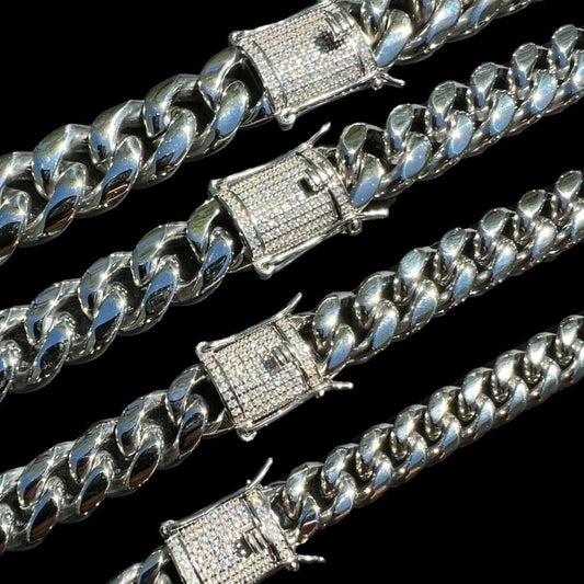 HarlemBling MOISSANITE CLASP Miami Cuban Link Chain Necklace - Stainless Steel W. 925 Silver Clasp - 16"-30" - 8mm-14mm