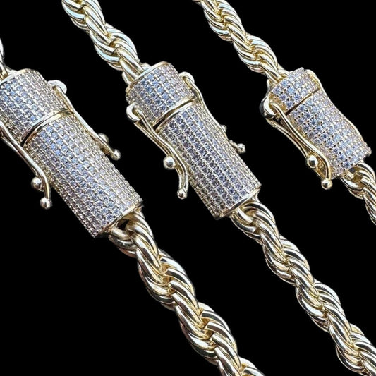 HarlemBling MOISSANITE CLASP Rope Chain Necklace - 14k Gold Plated Stainless Steel - 18"-30" - 4mm-6mm