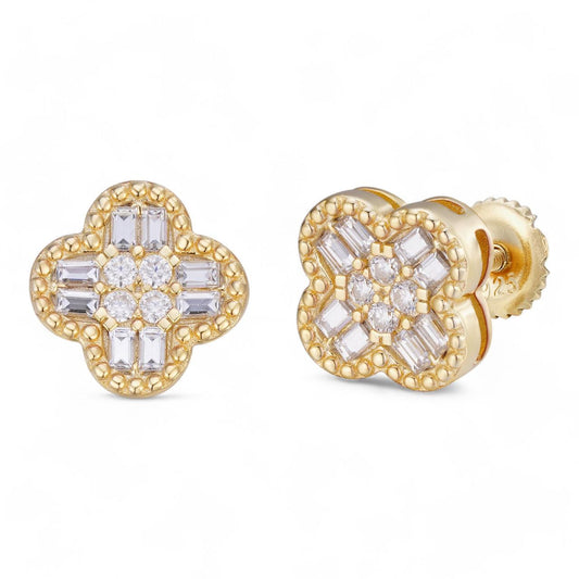 HarlemBling MOISSANITE Classic Clover Iced Out Earrings - 14k Gold Vermeil 925 Silver - 10mm