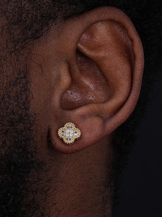 HarlemBling MOISSANITE Classic Clover Iced Out Earrings - 14k Gold Vermeil 925 Silver - 10mm