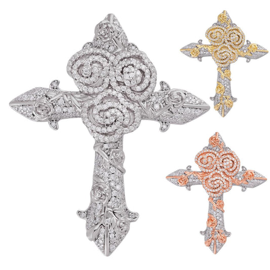 HarlemBling MOISSANITE Crown of Thorns Cross Pendant - 14k Yellow/Rose Gold Vermeil Or 925 Silver  -  Medium 2"