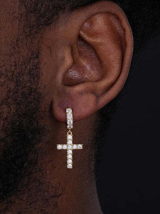 HarlemBling MOISSANITE Dangling Cross Iced Out Earrings Dangle Hoop - 14k Gold Vermeil 925 Silver