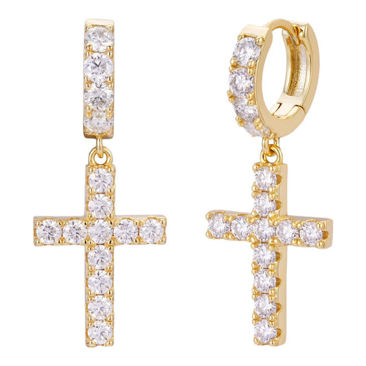 HarlemBling MOISSANITE Dangling Cross Iced Out Earrings Dangle Hoop - 14k Gold Vermeil 925 Silver