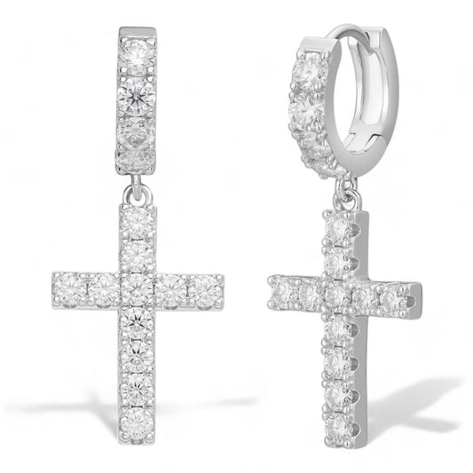 HarlemBling MOISSANITE Dangling Cross Iced Out Earrings Dangle Hoop - 925 Silver