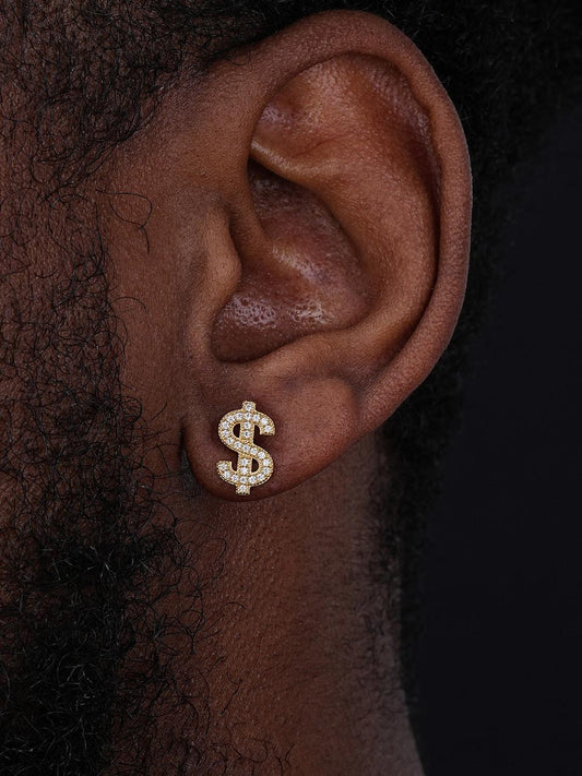 HarlemBling MOISSANITE Dollar Sign Iced Out Earrings - 14k Gold Vermeil 925 Silver - 7x13mm