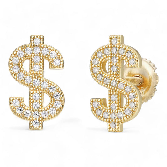 HarlemBling MOISSANITE Dollar Sign Iced Out Earrings - 14k Gold Vermeil 925 Silver - 7x13mm