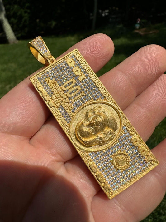 HarlemBling Moissanite $100 Dollar Bill 925 Silver/Gold Plated Iced Hip Hop Pendant Necklace