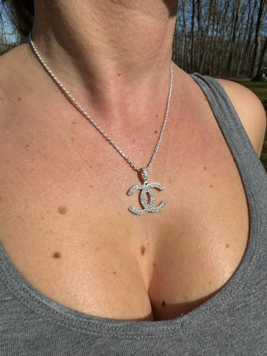 HarlemBling MOISSANITE Double C Fashionista Iced Out Pendant - 14k Yellow/Rose Gold Vermeil Or 925 Silver - Small 1"