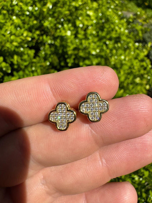 HarlemBling MOISSANITE Earrings Clover 10mm 14k Gold Over 925 Silver Iced Large Mens Ladies