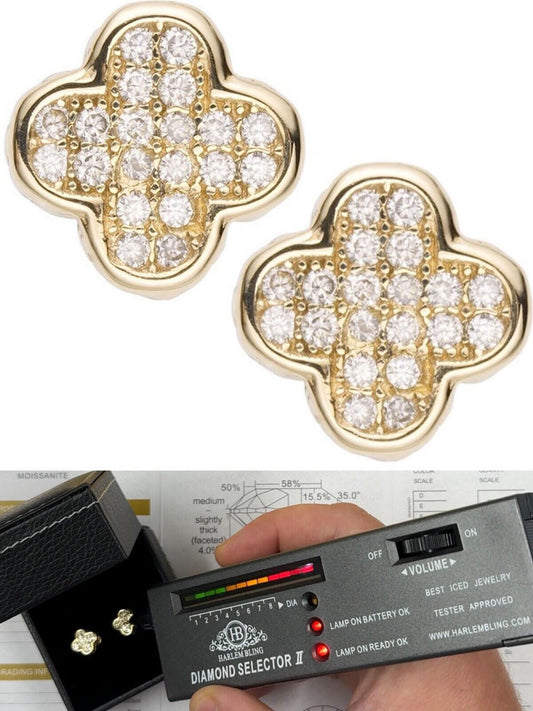HarlemBling MOISSANITE Earrings Clover 10mm 14k Gold Over 925 Silver Iced Large Mens Ladies