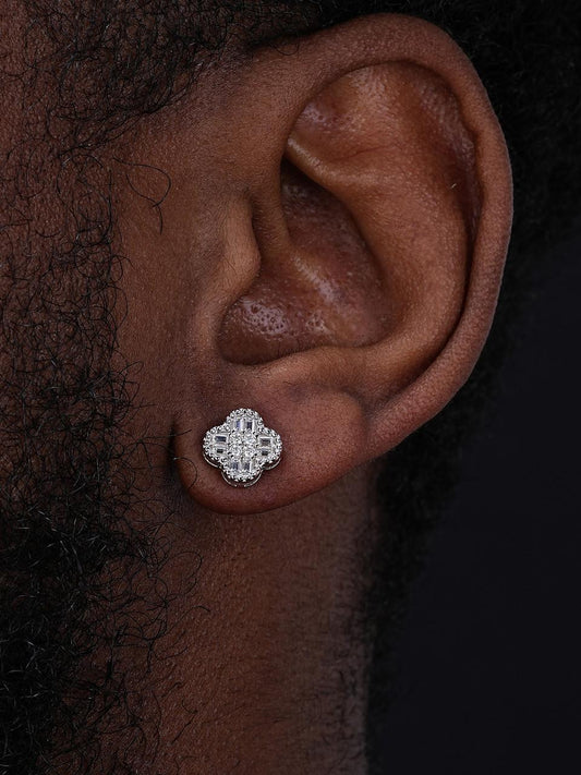 HarlemBling MOISSANITE Earrings Clover 10mm Real 925 Silver Iced Baguette Mens Ladies Studs