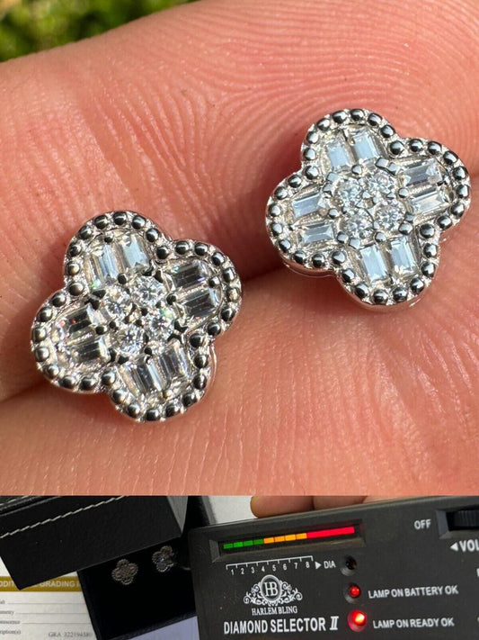 HarlemBling MOISSANITE Earrings Clover 10mm Real 925 Silver Iced Baguette Mens Ladies Studs