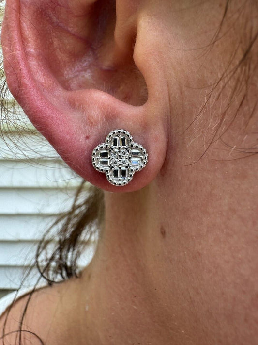 HarlemBling MOISSANITE Earrings Clover 10mm Real 925 Silver Iced Baguette Mens Ladies Studs